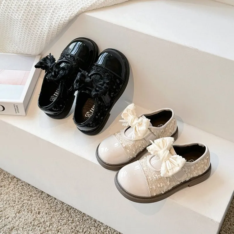 

Girls' Leather Wedding Party Shoes 2026Princess Style Flat Mary Jane Shoes with Lace Bow Decorations for Girls' Children's Shoes