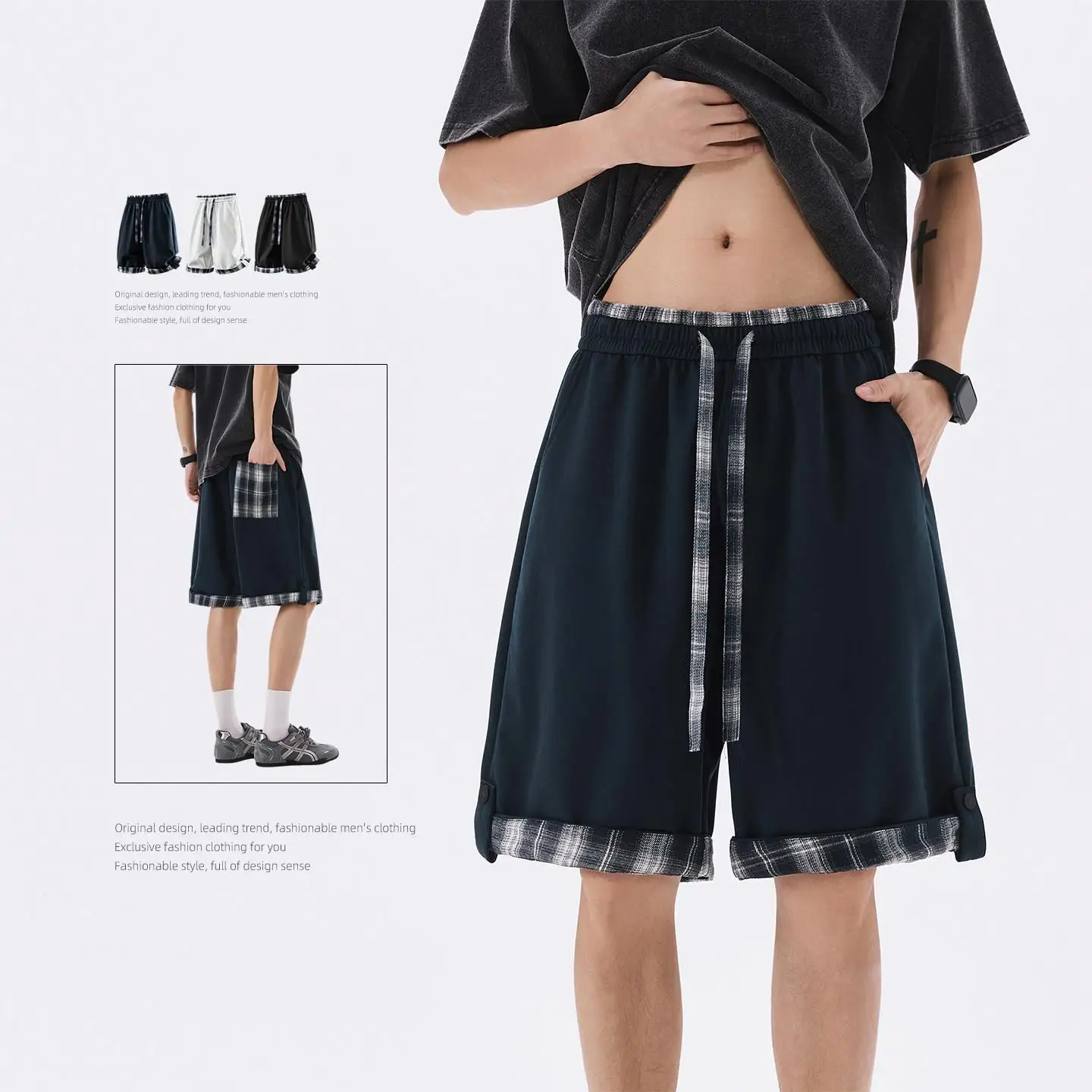 

Loose Fit Knitted Short Pants Men's Summer Fashion Fake Two-Piece Breathable Cotton Plaid Pattern Elastic Waist Black