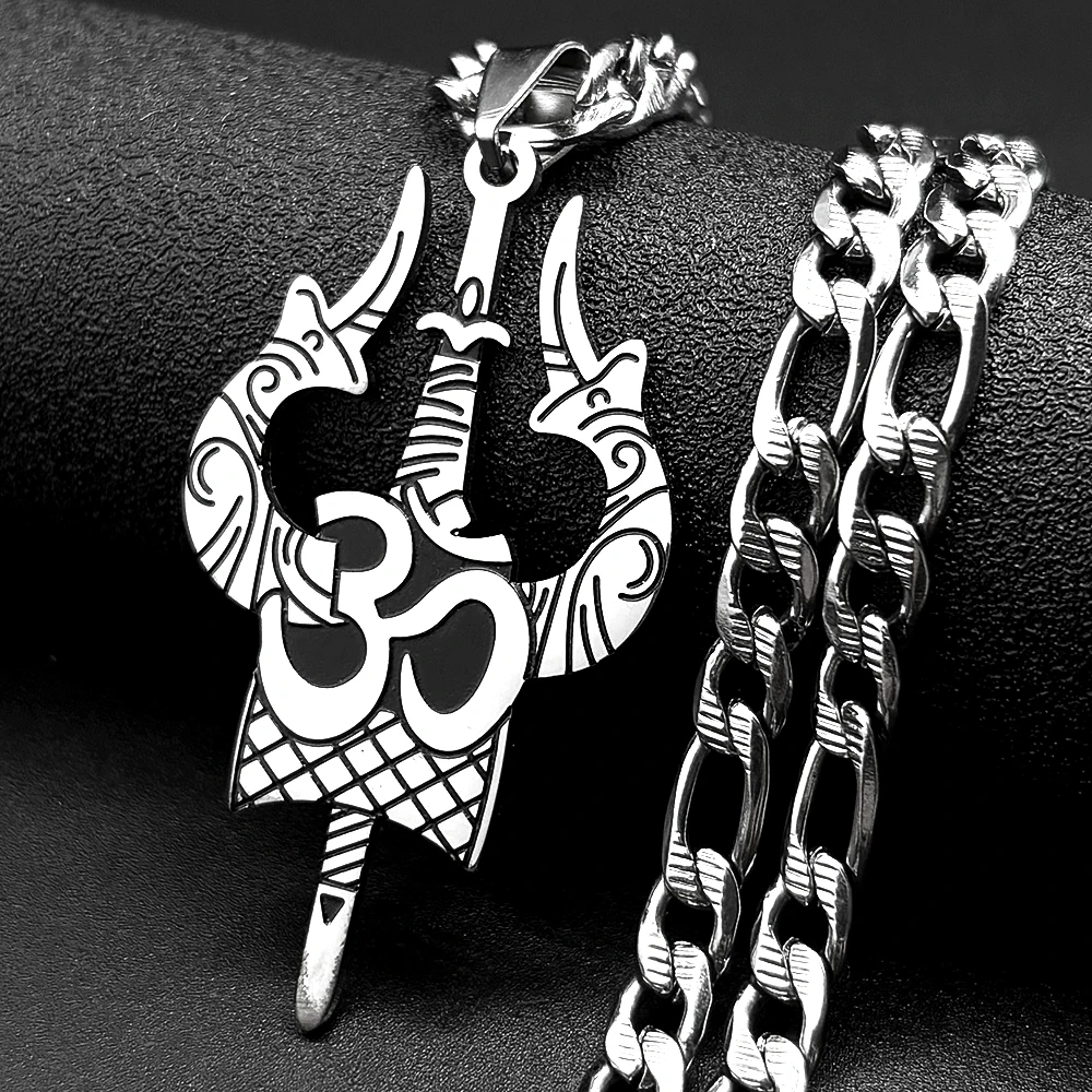 

Stainless Steel Indian Yoga Shiva Trishula Om Symbol Pendant Necklace Women Men Silver Color Buddhism Hindu Cuban Chain Jewelry