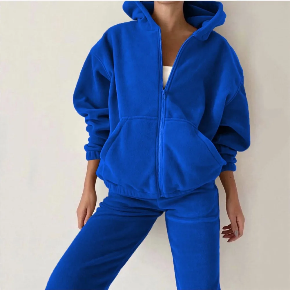 Women Fashion Sports Leisure Hoodie Set Winter New Simple Pocket Zipper Hoodie Slim Girdle Feet Jogging Pants 2 Piece Set Female