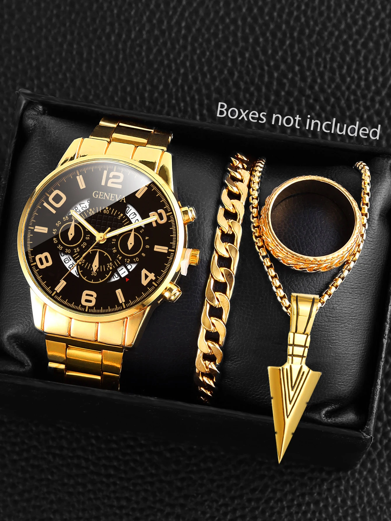 Golden three-eyed clown design men's calendar business quartz watch and necklace, ring, bracelet set - birthday gift