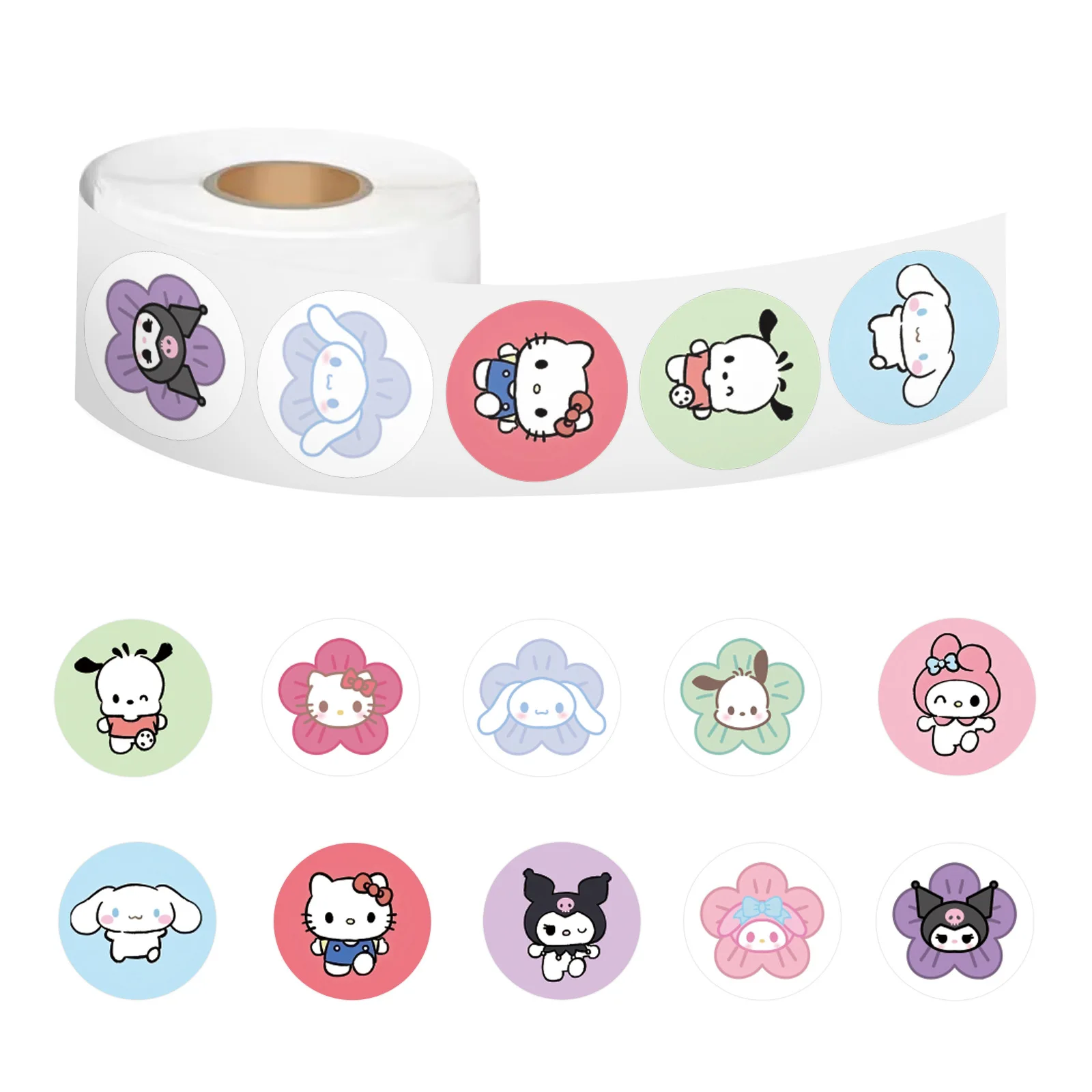 สติกเกอร์ซานริโอ้แบบม้วน 500 ชิ้น/ม้วน ลายการ์ตูนเฮลโลคิตตี้น่ารัก สำหรับตกแต่งกระเป๋าเดินทาง โทรศัพท์ กีตาร์ สมุดภาพ กันน้ำ