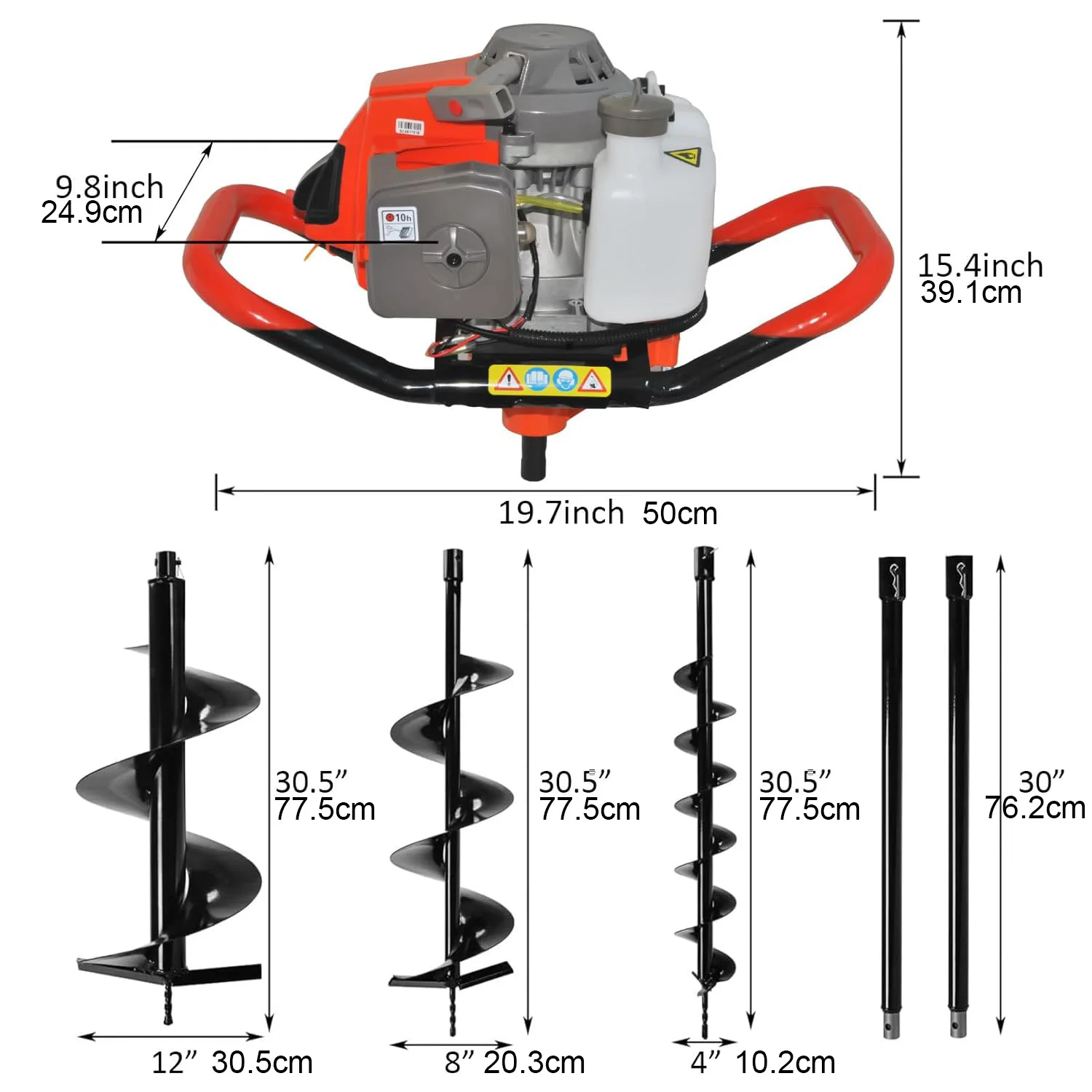 72CC 2 Stroke Auger Post Hole Digger, Gas Powered Earth Digger 3 Auger Drill Bits(4