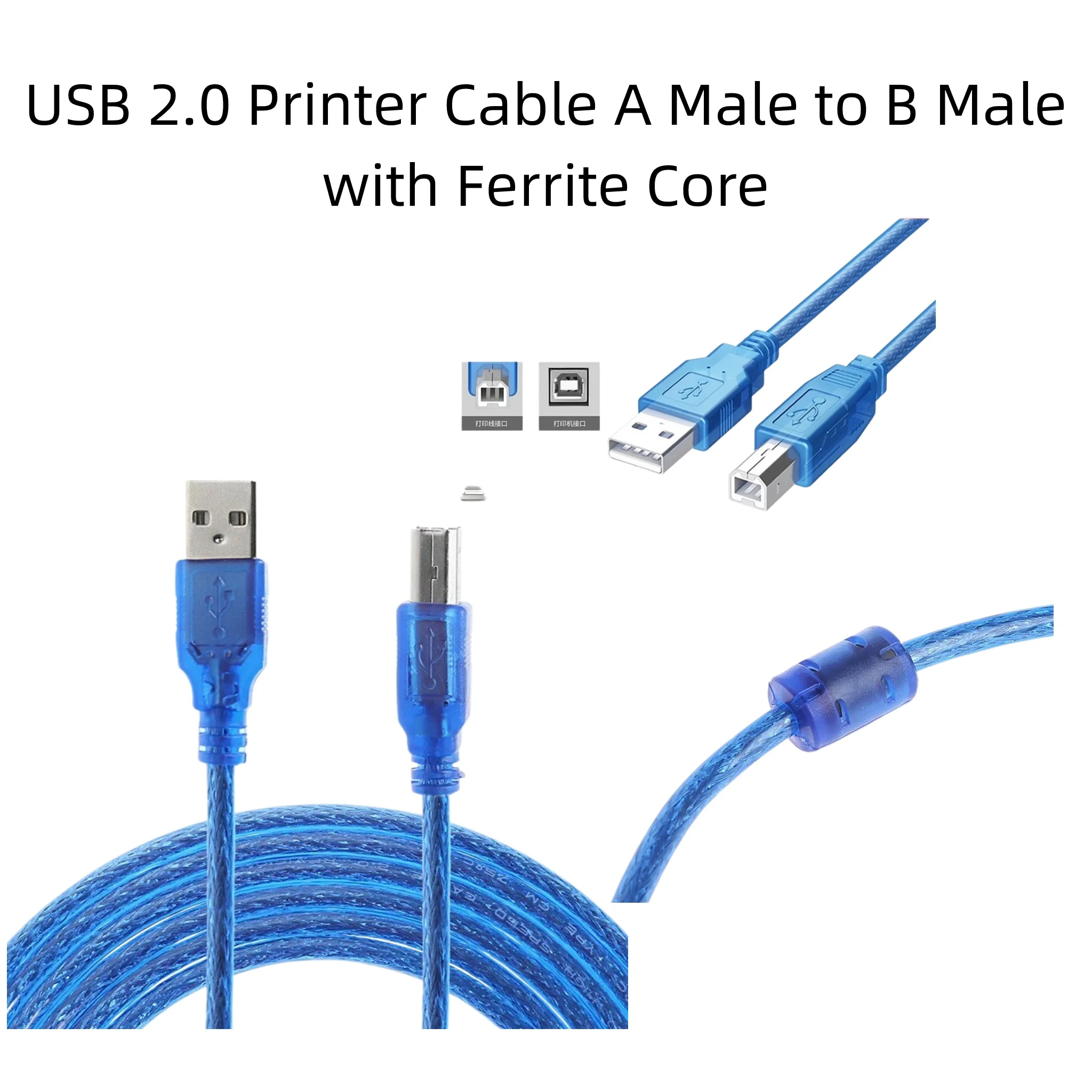 USB 2.0 Printer Cable A Male to B Male High Speed Shielded Cord with Ferrite Core for Printer Scanner Copier, 0.3M-10M Optional