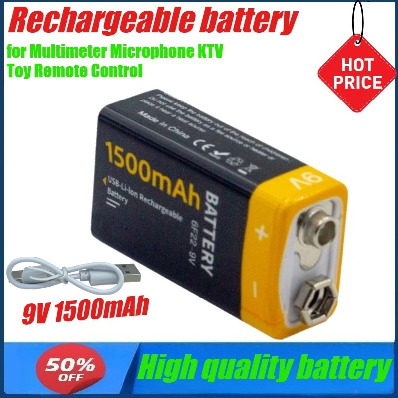 

9V 1500mAh Li-ion Rechargeable Battery Type-C Battery 9v for Multimeter Microphone KTV Toy Remote Control Use
