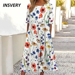 Summer Holiday Dress Women Vintage Print Short Sleeve O Neck Pocket Casual Long Dress Boho