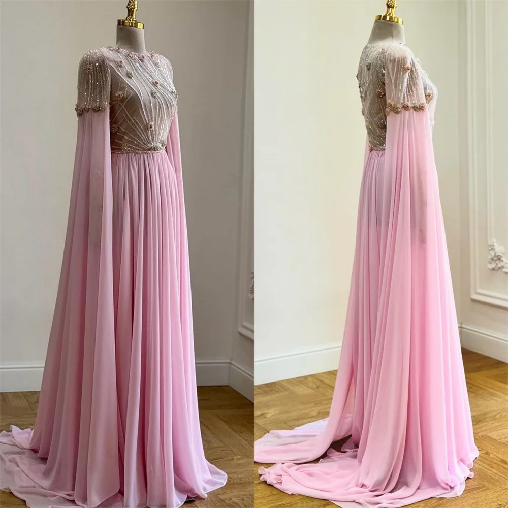 

Customized Formal Dress Saudi Arabia Dearin Scoop Neckline A-line Floor Length Skirts Draped Tulle Bead Applique Bespoke Occasio