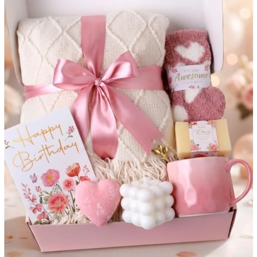 

Подарки на день рождения для женщин с розовой тематикой - розовая подарочная корзина для спа-процедур для женщин, уникальный набор для ухода за собой из 9 предметов с плюшевым пледом