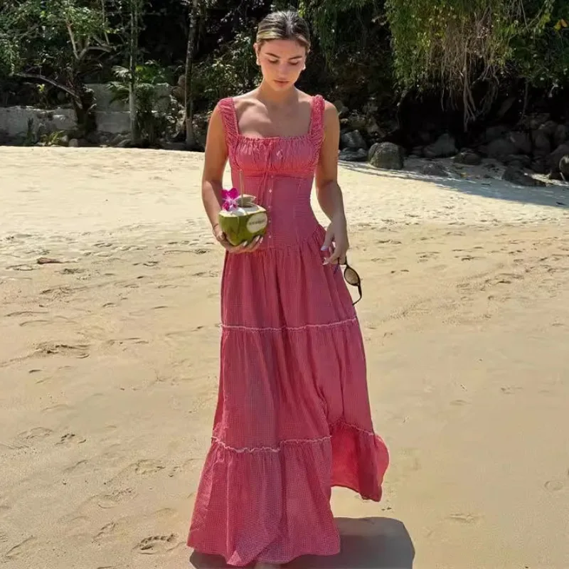 

Lace Up Slim Retro Plaid Maxi Dresses for Women High Waist Corset Dress Womens Redwedding Holiday Elegant Folds Dress Woman