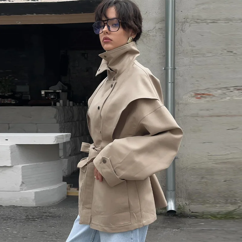 

Women's 2026 Fashion Street Auction Set Up Strap up Waist Windbreaker High Collar Coat