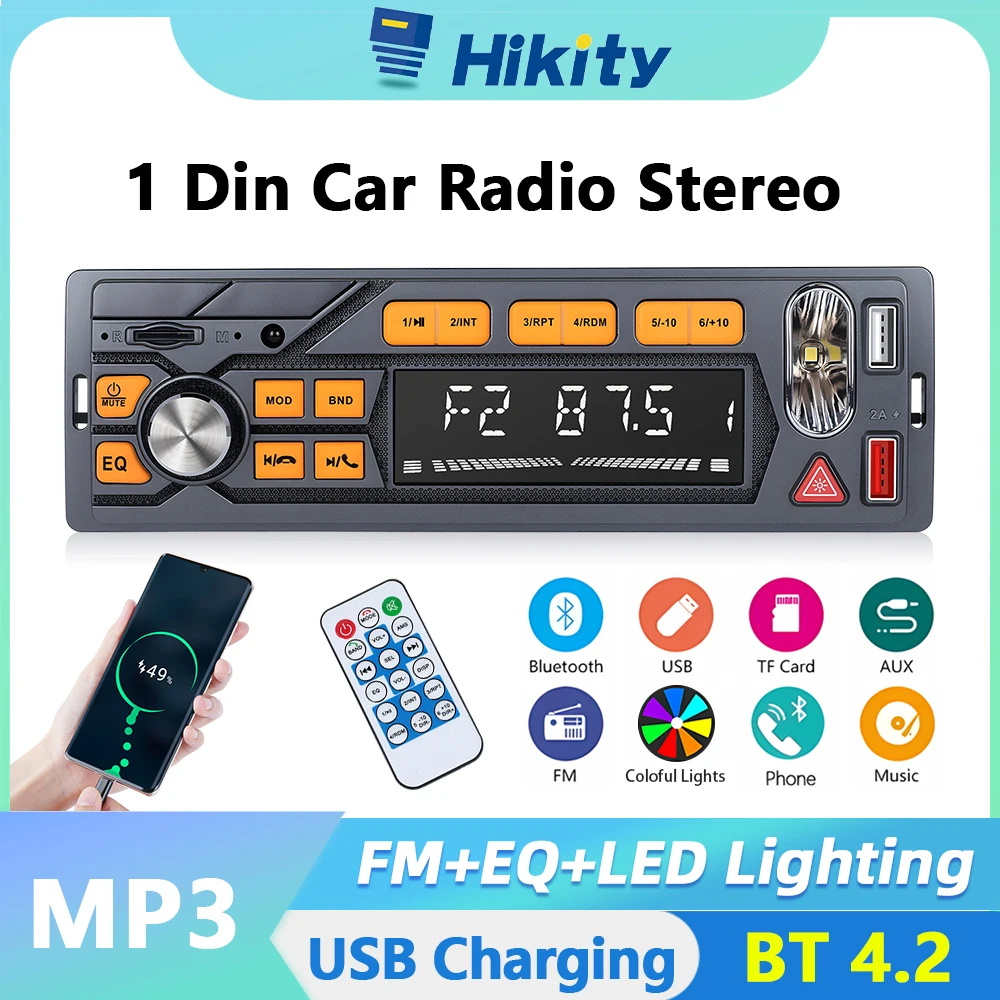 Hikity 1din Car player Radio MP3 Player Digital Bluetooth Audio Music Stereo 12V  USB/SD/AUX-IN with emergency light