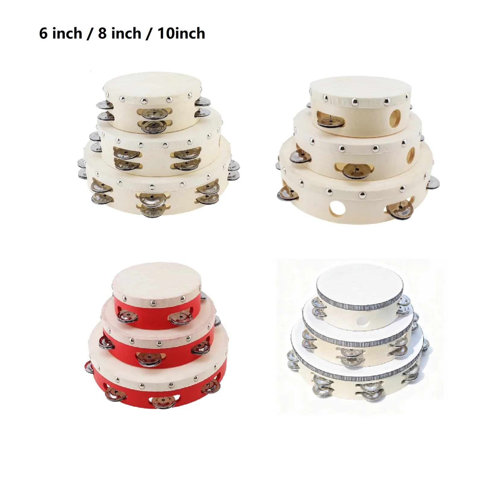 6 / 8 / 10 inch Sheepskin Drumhead Wood Tambourines Single Row Jingle Bells Hand Drum for Church Party KTV Wedding