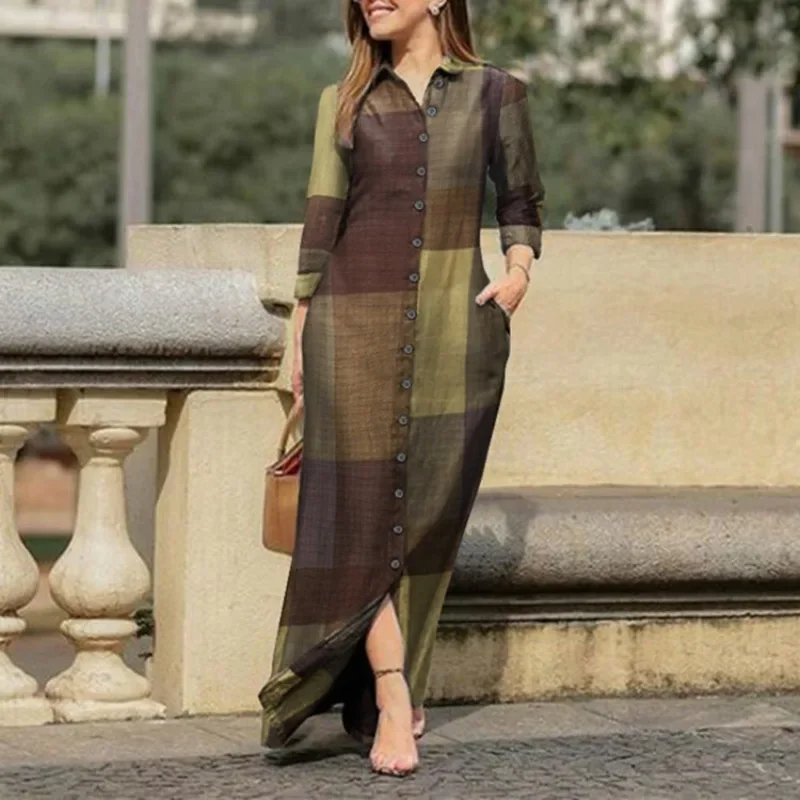 Vestido largo de talla grande con solapa y manga larga para mujer, vestido largo con bolsillo y estampado a cuadros, vestido holgado de talla grande con botones, vestido informal suelto
