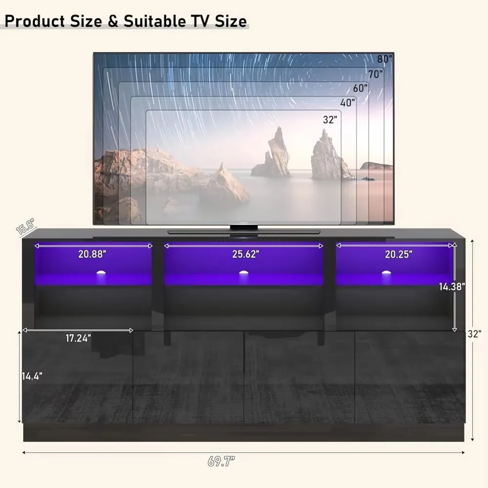 TV Stand with Storage Tall Entertainment Center with LED Lights for 85 Inch Modern Glossy Gaming LED TV Console