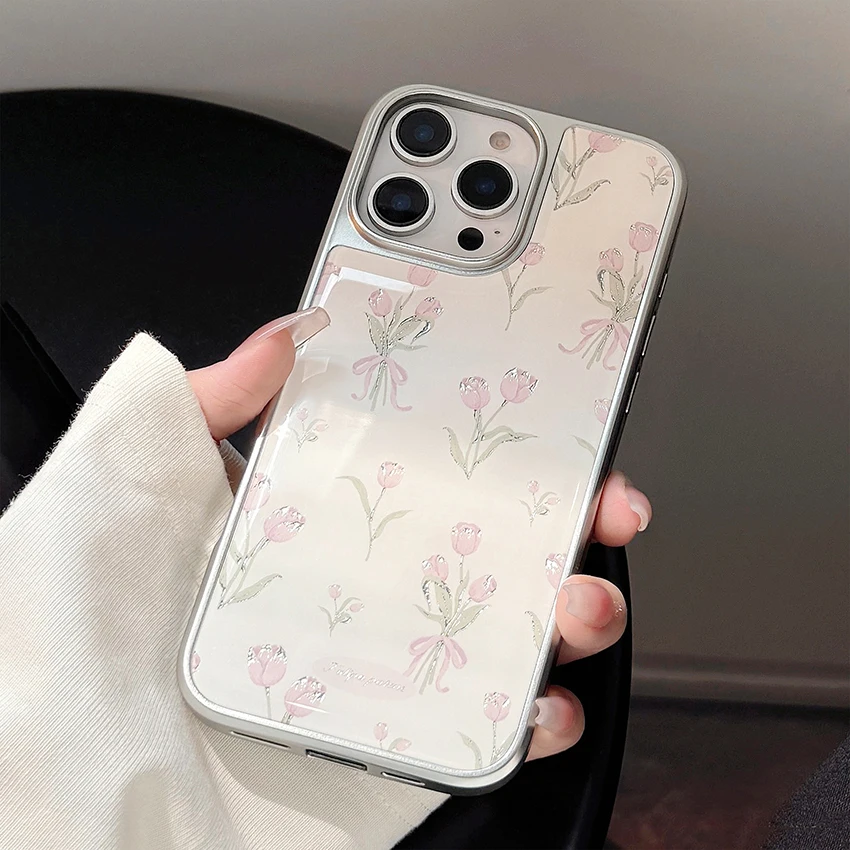 핑크 튤립 폰 케이스 아이폰 16 15 14 13 프로 12 11 맥스 플러스 16프로 전기 도금 폰 케이스 창의적인 15프로 커버 하드 쉘