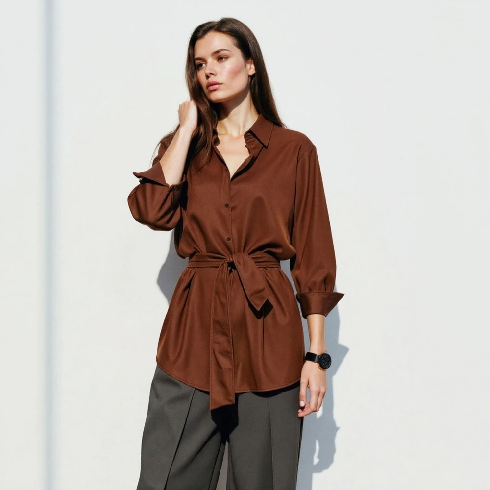 レディース長袖シャツ 無地 レースアップカラー レギュラーフィット オフィスレディトップス 秋用