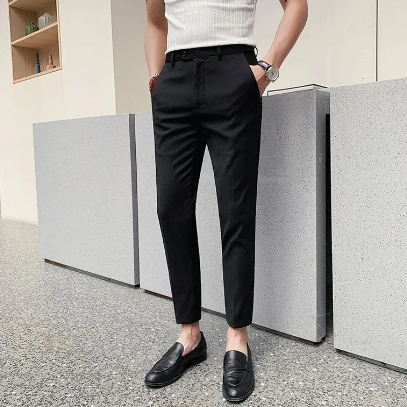 9 Cropped Straight Male Suit Trousers Gray Men\'s Summer Pants Formal Classic 2024 Anti-wrinkle Tailoring Cheap Chinese Homme Up