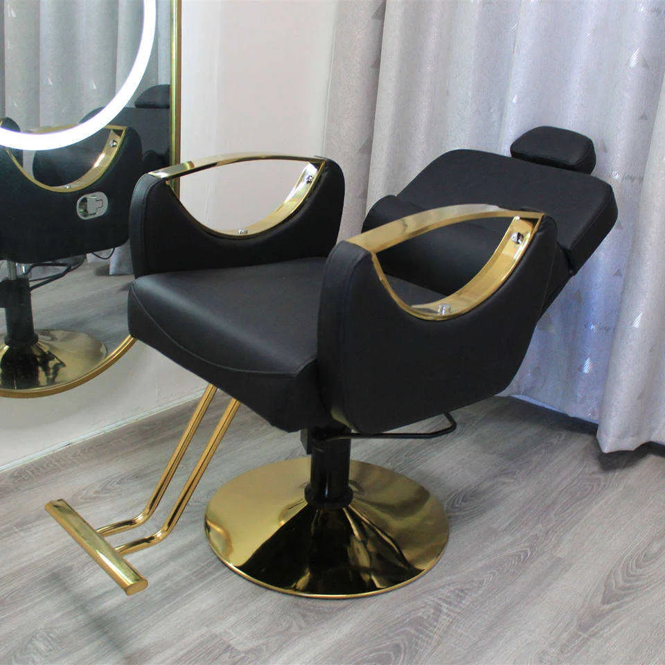 Conjunto de Móveis de Salão de Luxo em Cor Dourada com Cadeira de Beleza e Espelho em Couro PU