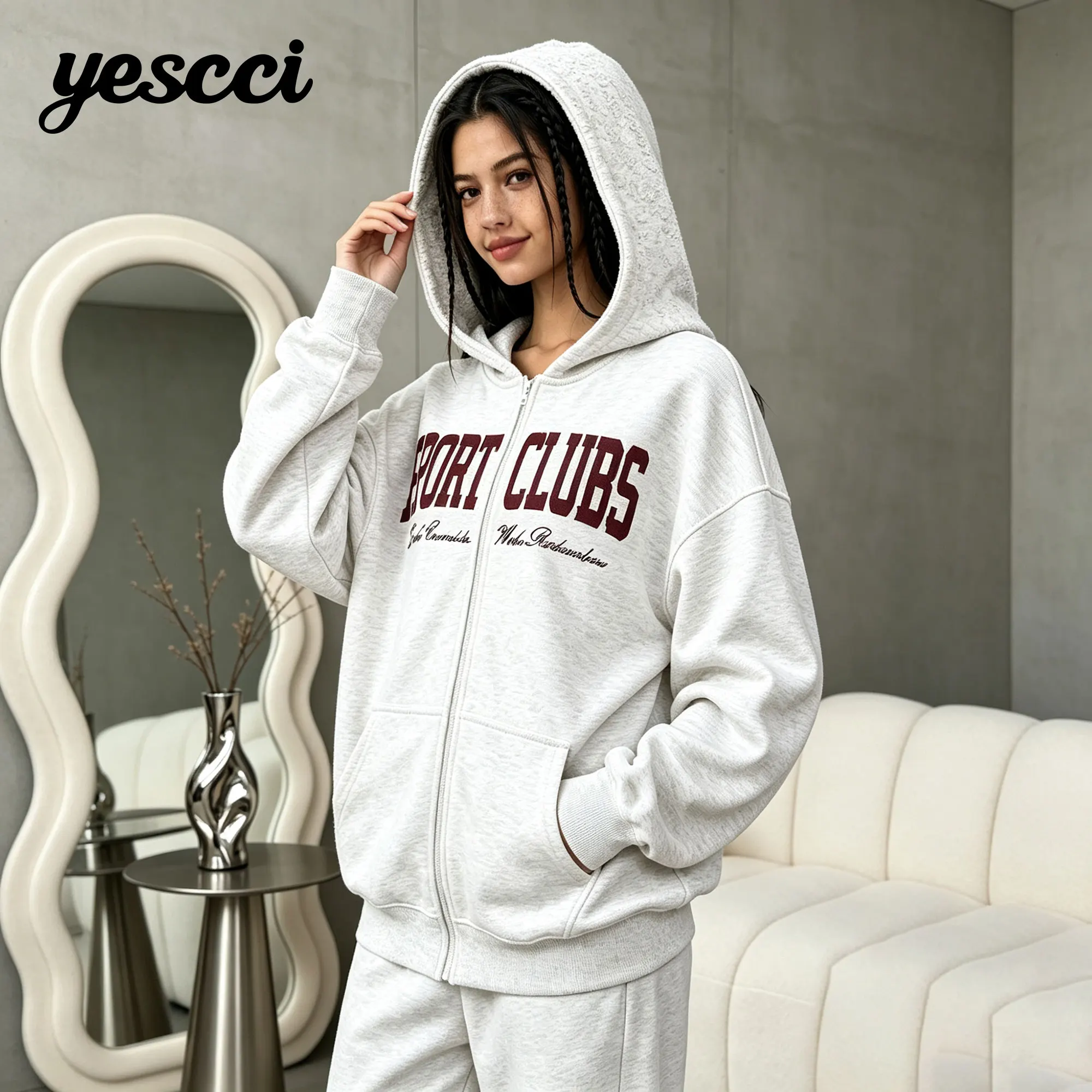 YESCCI Women's Hoodie 2026 Autumn New Casual Long Sleeve Sweatshirt Letter Embroidered Cozy Athletic Women's Clothing S56154653