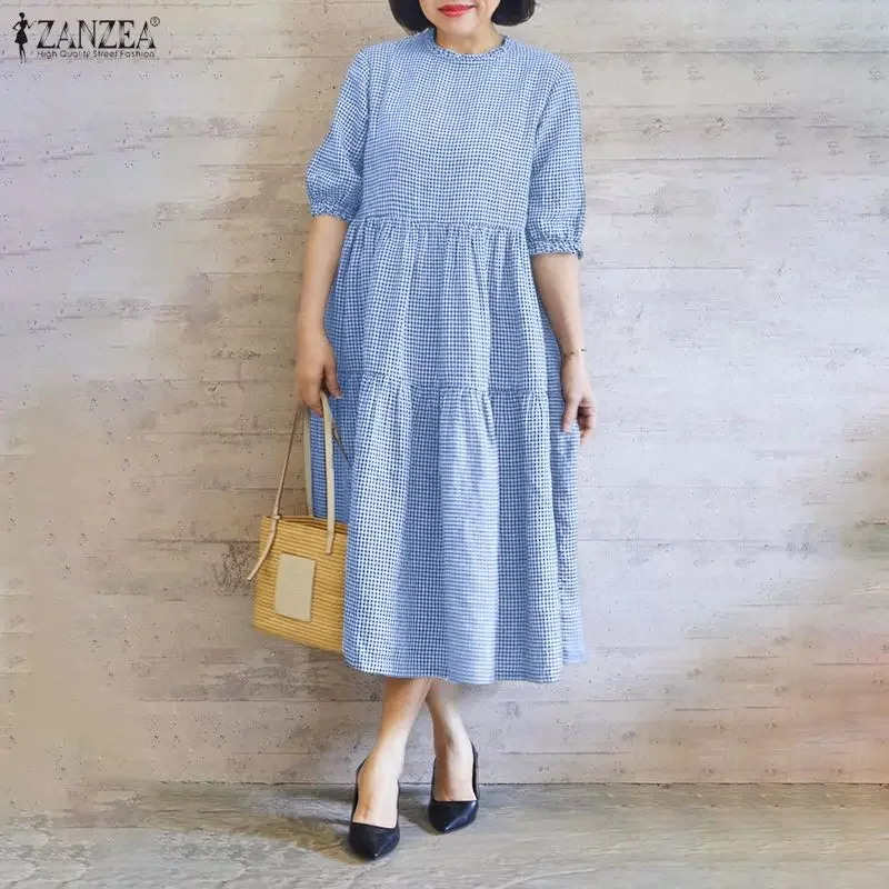 

Летнее винтажное женское платье ZANZEA в клетку с рукавом до локтя, миди, с принтом, повседневное, свободное, для вечеринок, с оборками, модель 2026 года
