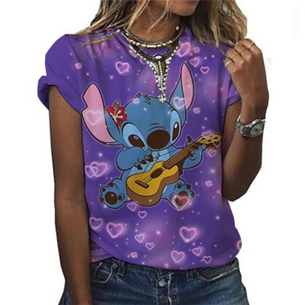Kawaii Lilo Stitch Print T-shirts Tops for Women Lady Summer Children T-shirts Casual O-neck Ohana Stitch Disney T-shirts