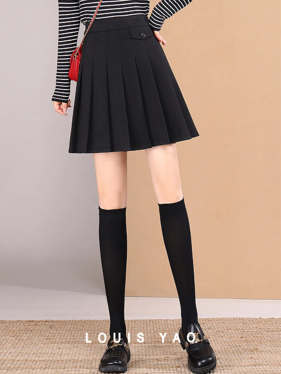 

LOUIS YAO 2024 High Waist Retro Pleated Skirt College Style Thick Short Umbrella Skirt Spring Autumn Age Reducing Half Skirt