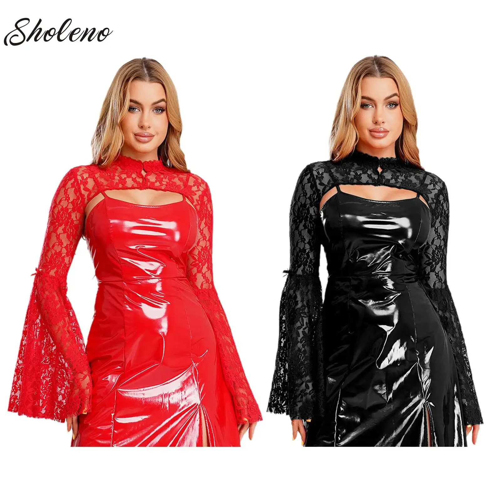 

Womens Medieval Gothic Sheer Floral Lace Shawls Long Sleeve Flared Cropped Cardigan Bolero Shrugs Vampire Witch Cosplay Costume