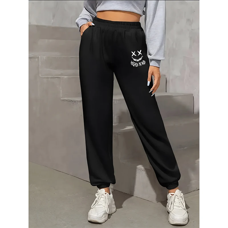

Women's Trousers Elastic Waist Pockets Graffiti Print Casual Loose Women's Drawstring Trousers Autumn Daily Wear Female Pants