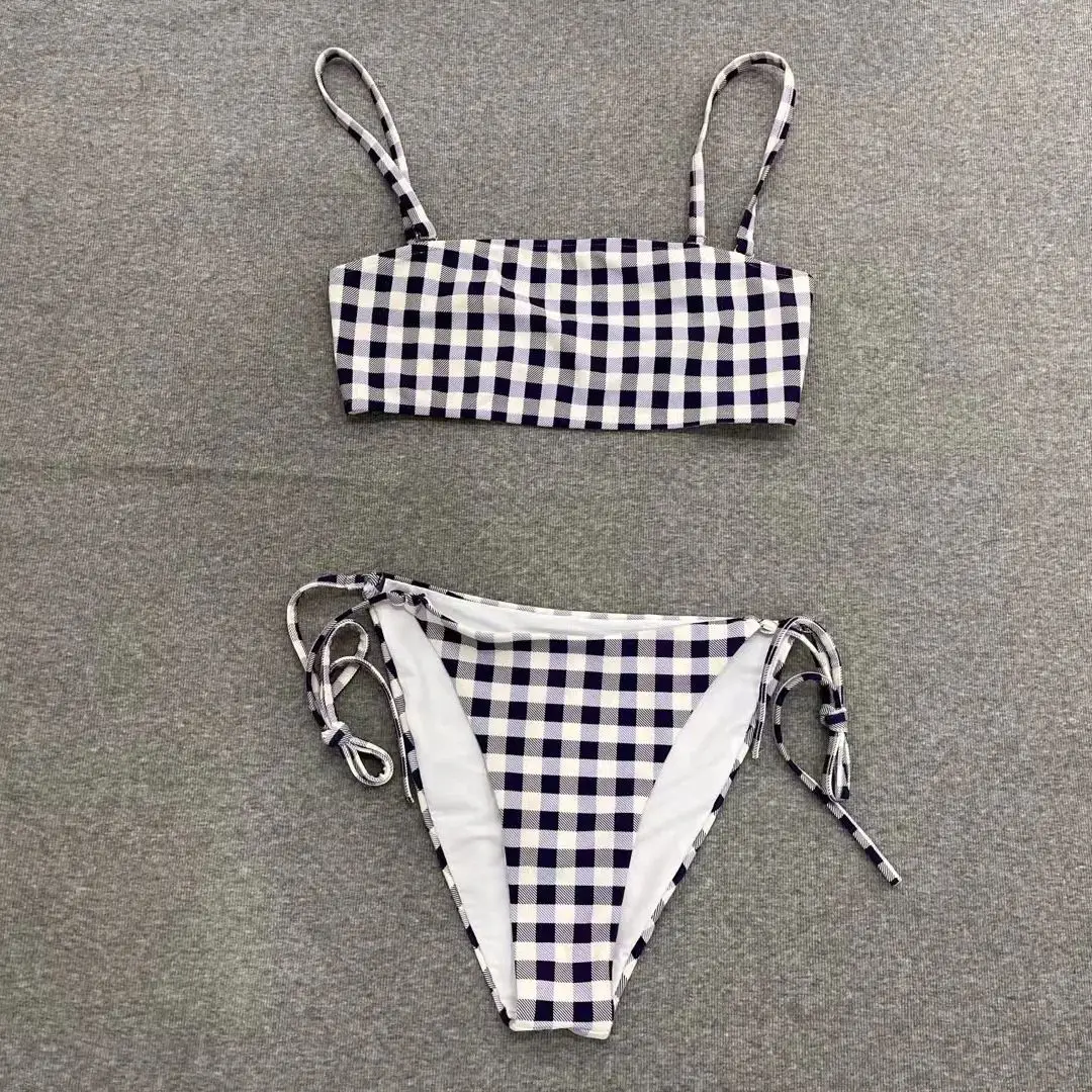 Costume da bagno diviso sexy da donna con lacci scozzesi a triangolo