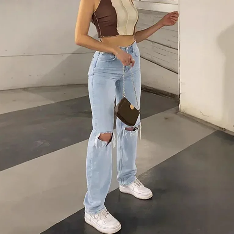 2024 New Style High-Waisted Straight-Leg Jeans Light Blue Dressed Trousers Women's Commuting Denim Pants With Rips