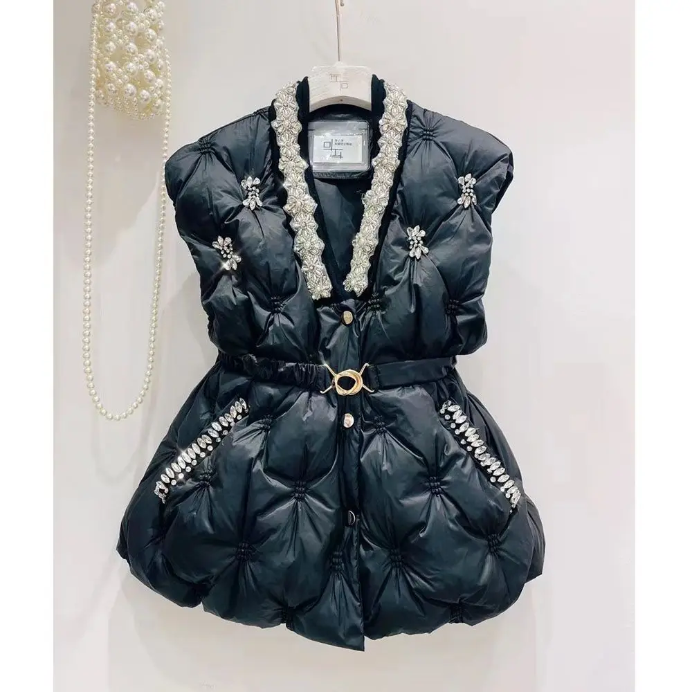 Winter Lace Spliced Doll Collar Wrapped Waist Diamonds Beaded Cotton Padded Coat Warm Down Cotton Quilted Parkas Sleeveless Tops