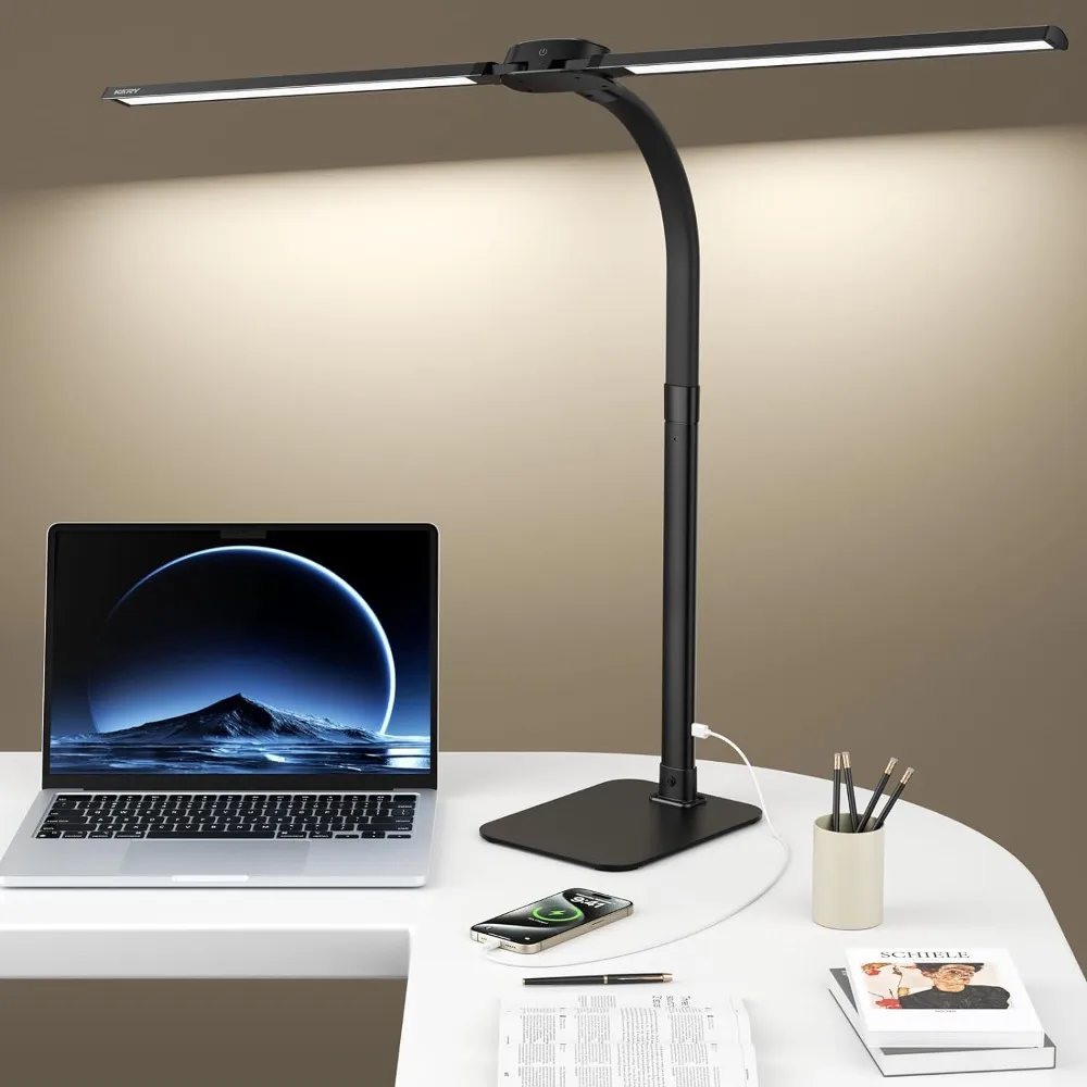 Desk Lamp with USB Charging Port for Home Office 24w Architect Remote Base Dual Task Led Light Modern 5 Color Modes Dimmable Adj