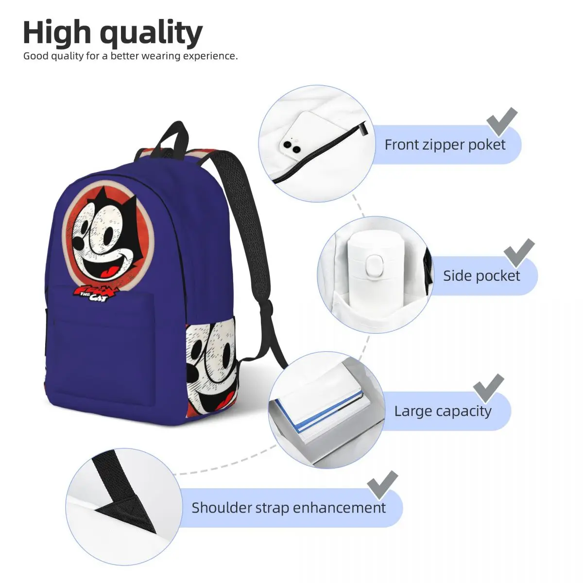 Kawaii Good Bookbag escursionismo Multi scomparto F-Felix The Cat Cartoon student College Bag Back To School Gift