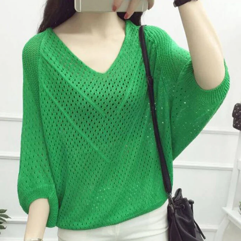 Fashion V-Neck Knitted Loose Hollow Out Blouse Women\'s Clothing 2023 Summer New Casual Pullovers Korean Batwing Sleeve Shirt