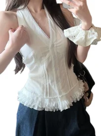 Women's Halter V Neck Sleeveless Blouse, Ruffle Hem Button Front Slim Fit White Tank Top