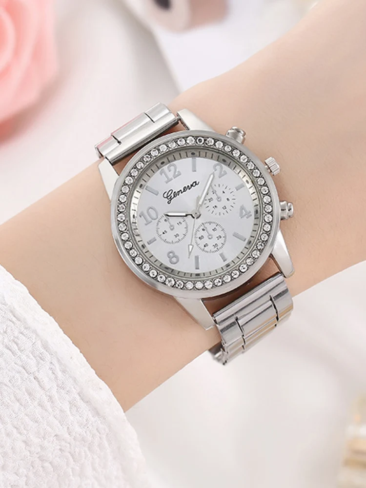 6PCS/Set Women\'s Watch Fashion Silver Steel Band Analog Quartz Watches Diamond Jewelry Set（Without Box）