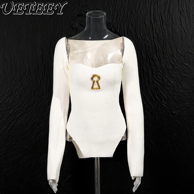

Sexy Hot Girl Metal Buckle Decorated Knitted Sweater Autumn Winter New Solid Color Versatile Elastic Tight Long Sleeve Pullover