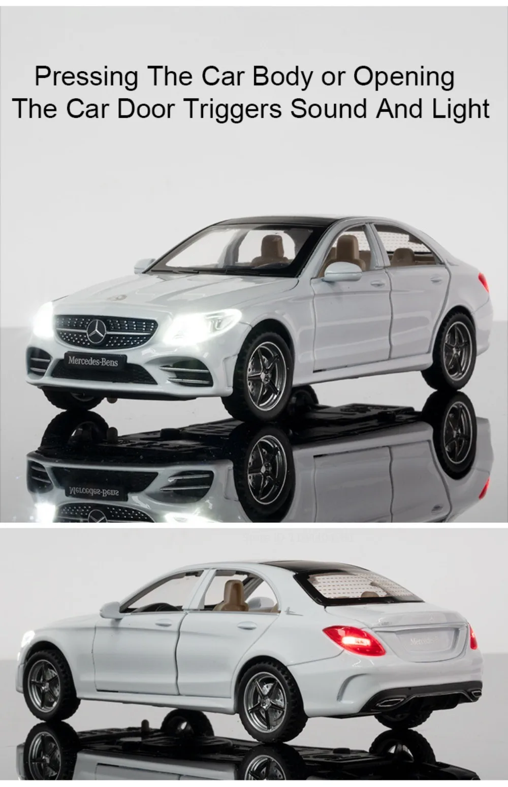 1:32 C260L E300L Legierungsdruckguss-Modell, Spielzeugauto, 6 Türen, geöffnet, Ton, Licht, zurückziehbare Gummireifen, Miniaturfahrzeug für Kinder – Detail 6
