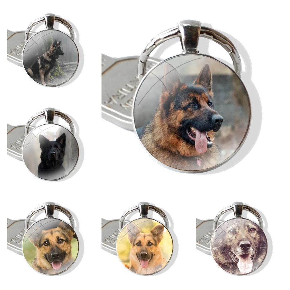 Glass Metal Pendant Key Chain Classic Men Women Key Ring Accessories Jewelry Gifts German Shepherd dog