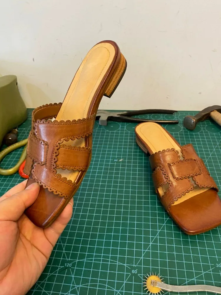 Summer Casual Lady Horsehide Low Heel Shoes Open Toe Slip On Breathable Footwear Genuine Leather Vintage Fashion Women Slippers