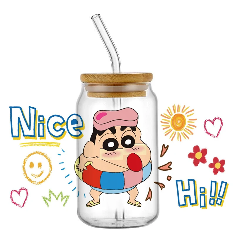 MINISO 3D Crayon Shin-chan Decal 16oz Libbey UV DTF Cup Wrap DIY Japanese Anime Mug Waterproof Transfer Sticker