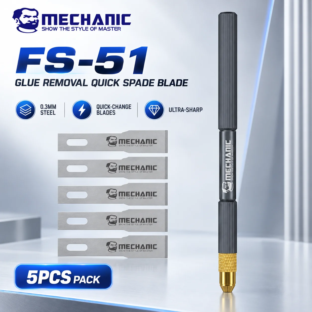 MECHANIC FS-51 5-in-1 PCB Lijmverwijderingsset met schrapers en messen 0,3 mm staal voor CPU IC moederbord, ontharder, reiniging en reparatie