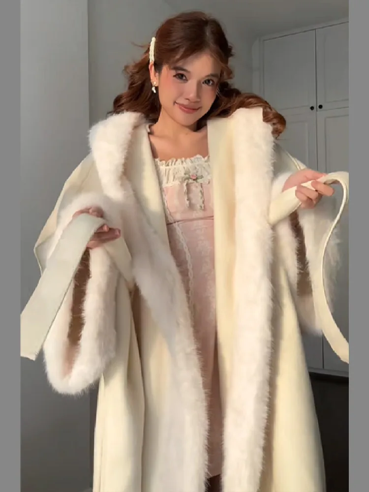 المرأة خمر الفاخرة فو الفراء طوق مقنعين معطف طويل كم طويل قابل للتعديل الخصر المعتاد سترة دافئة معطف الشتاء الأنيق