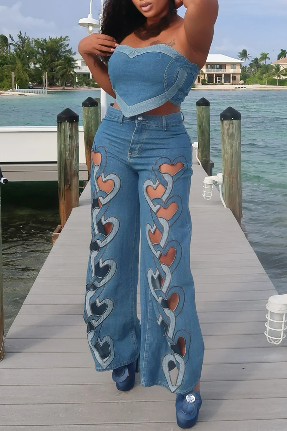 2025 Women's Plus Size Jean Daily Blue Heart Cut Out Wide Leg Denim Jeans