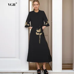 VGH Spliced Embroidered Flares Two Piece Sets For Women Round Neck Half Sleeve Tops High Waist A Line Skirts Elegant Set Female