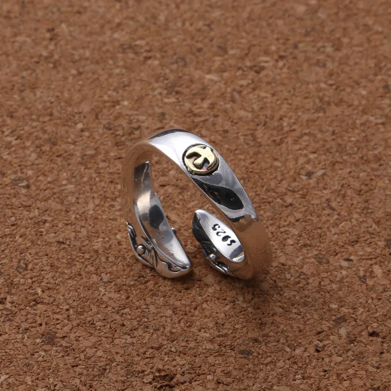 Wholesale S925 sterling silver ring vintage Thai silver men's and women's fashionable wide double E open ring ring view 2