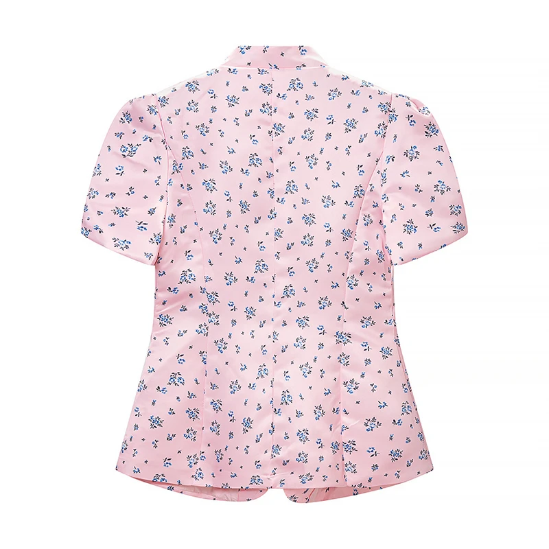 KEYANKETIAN 2026 Vintage Floral Shirt Mandarin Collar Cutout Neck Short Puff Sleeve Slim Waist All Over Floral Print Blouse