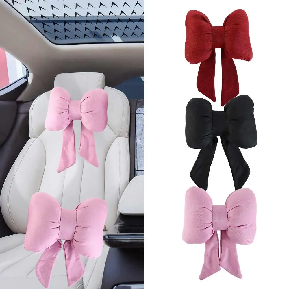 Streamer Linen Bow Car Headrest Cute Cotton Linen Ribbon Bow Car Neck Pillow Ribbon Bow Ergonomic Kids Adults