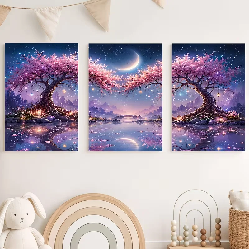 3Pcs DIY Diamond Embroidery Cherry Trees Starry Sky,Night Moon,Lantern Landscape Rhinestones Diamond Painting Mosaic Handicrafts