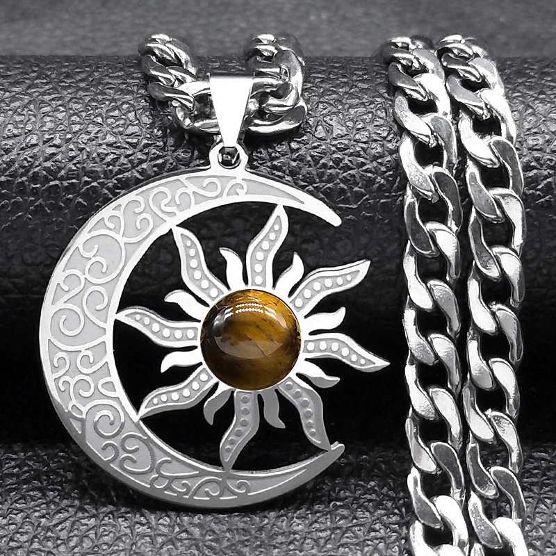 Wicca Sonne und Mond Halsketten Edelstahl Tigerauge Naturstein exquisite Anhänger Halskette Party Schmuck Geschenk N3079GDS03 – Detail 6